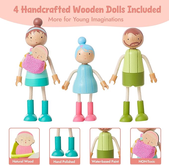 Giant bean 36pcs Wooden Dollhouse Furniture Set with Dolls for 5 Rooms, Wood & Plastic Pink Dollhouse Accessories Pretend Play Furniture Toy Christmas Birthday Gift Toy for Kids Boys Girls Toddler 3+