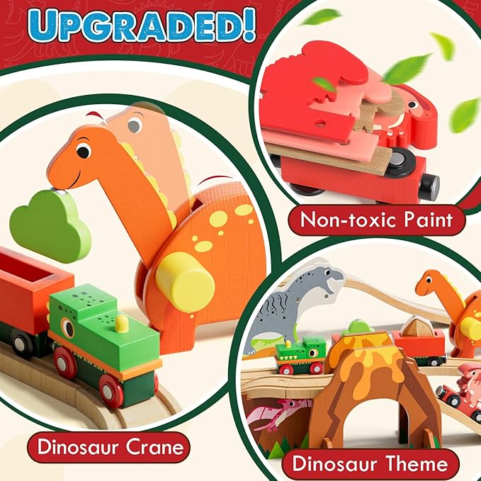Lehoo Castle Wooden Train Set, Dinosaur Wooden Train Track Set, Wood Toy Train Set for Toddlers 2-4, Train Toys for Toddlers 3-5, Fits Thomas, Fits Brio, Fits Melissa and Doug