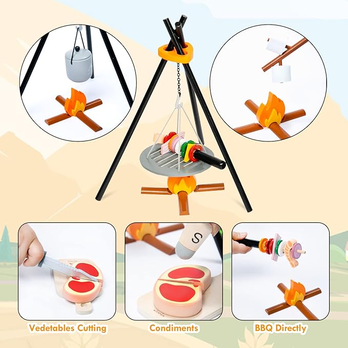 UMU Kids Camping Toys Set, Pretend Play with Campfire, Wooden Camping Playset Cutting Food for Play Kitchen Camping Gear for Kitchen Indoor Outdoor Camping Toys for Kids Toddlers Boys Age 3 4 5 6 7 8+