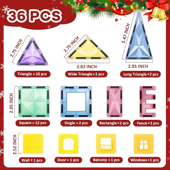 ROMDS Magnetic Tiles, Magnetic Building Blocks for Kids Ages 3+ and STEM Magnet Toys, Clear Magnet 3D Blocks Construction Playboards for Boys & Girls, Sensory Play for Preschool Learning(36 pcs)