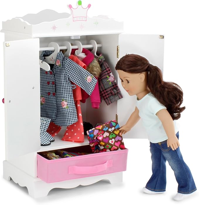 Emily Rose 18-inch Doll Large Wooden Storage Closet Armoire Wardrobe, Includes 5 Clothing Hangers! | Bedroom Furniture Fits American Girl Doll Clothes and Accessories | Gift for Girls 5+