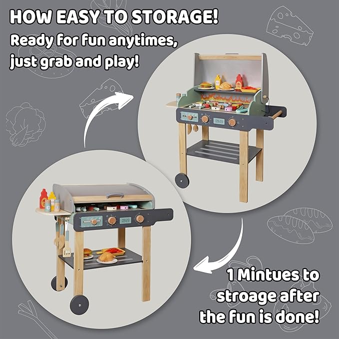 Wooden Play Barbecue Toy Grill, Kids BBQ Playset with Toy Food and Grilling Tools, Cooking Interactive Toys Christmas Birthday Gift for Toddlers Girls Boys 3-6