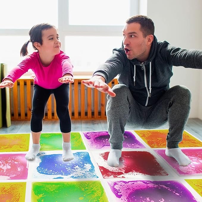 Sensory Liquid Floor Tiles for Autism, Activity Play Mats for Kids,Sensory Early Learning Room, Square Decorative Tiles Multi-Color with Anti-Slip Backing 12" X 12" Pack of 9 PCS
