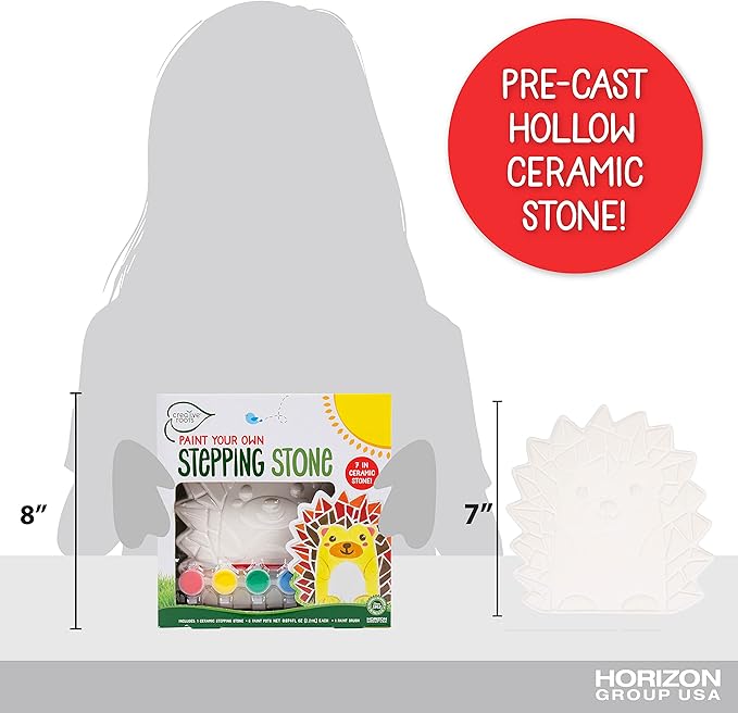 Creative Roots Mosaic Hedgehog Stepping Stone, Includes 7-Inch Ceramic Stone & 6 Vibrant Paints, DIY Garden Stepping Stone Kit for Kids Ages 6+