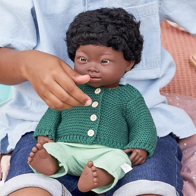 Miniland Baby Doll 15'' African Boy with Down Syndrome (Polybag) - Made in Spain, Anatomically Correct, Quality, Inclusion, Vanilla Scented