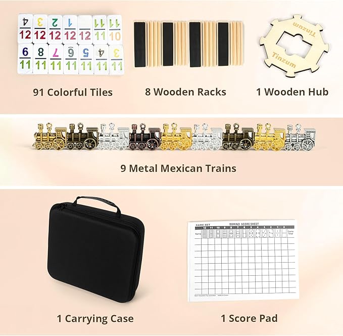 Mexican Train Dominoes Set with Numbers Double 12, Includes 8 Tiles Racks & 9 Metal Trains & Wooden Hub & 91 Colorful Dominoes Tiles with Portable Case for Adults, Travel, Family Game Nighty