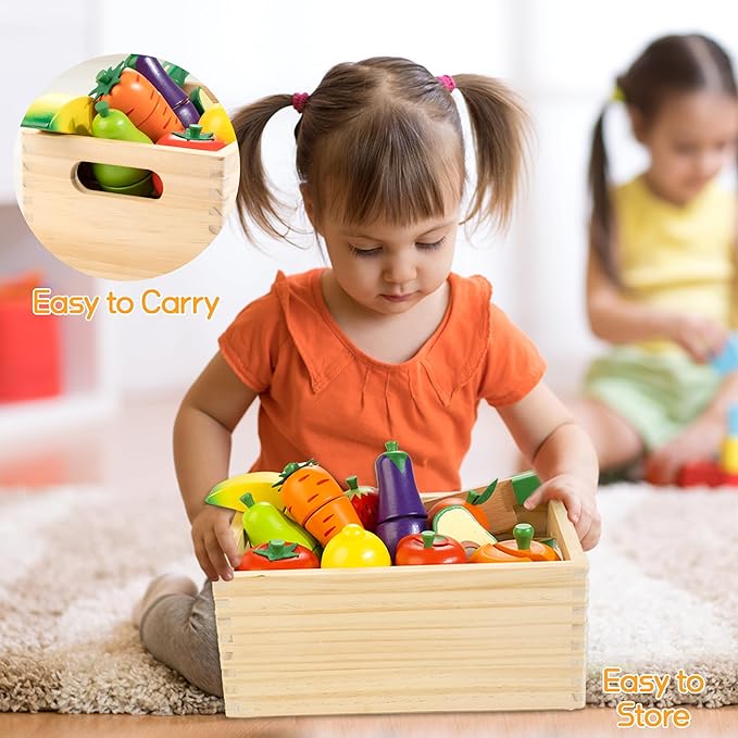Wooden Play Food for Toddlers, Velcro Fruit and Veggies Cutting Set for Kids, Pretend Food Play Kitchen Accessories for 3 4 5 6 7 Years Old Boys & Girls