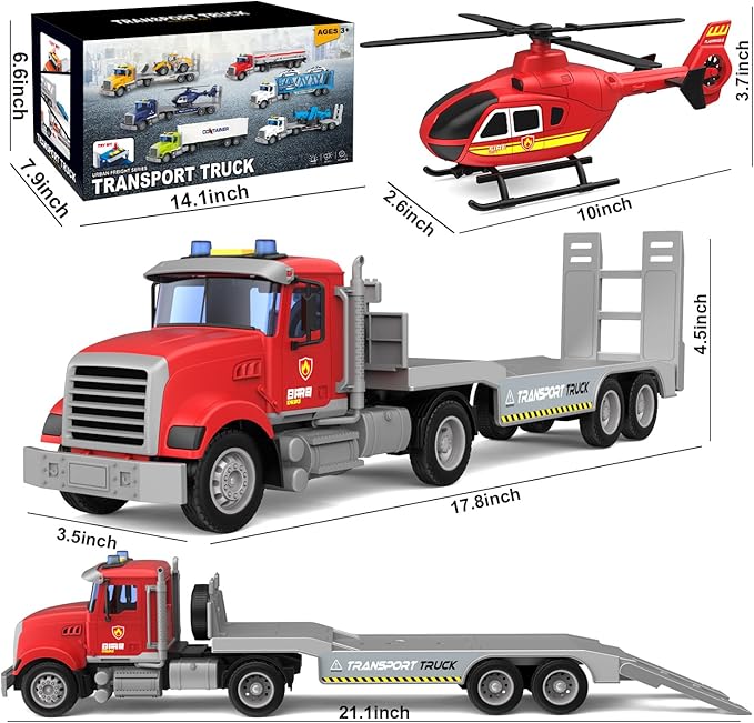 22" Semi Fire Truck Toy with Helicopter for Kids Toddlers - Fire Police Car Toys, Birthday for Boy Girl Child 3 4 5 6 7 Years Old