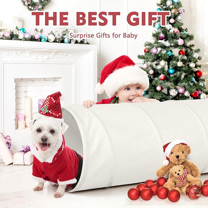 Kids Play Tunnel Tent for Toddlers, Pop Up Crawl Tunnel Toy for Baby or Pet with Neutral Color, Collapsible Gift for Boy and Girl Play Tunnel Indoor and Outdoor Game (Beige Leather Tunnel)