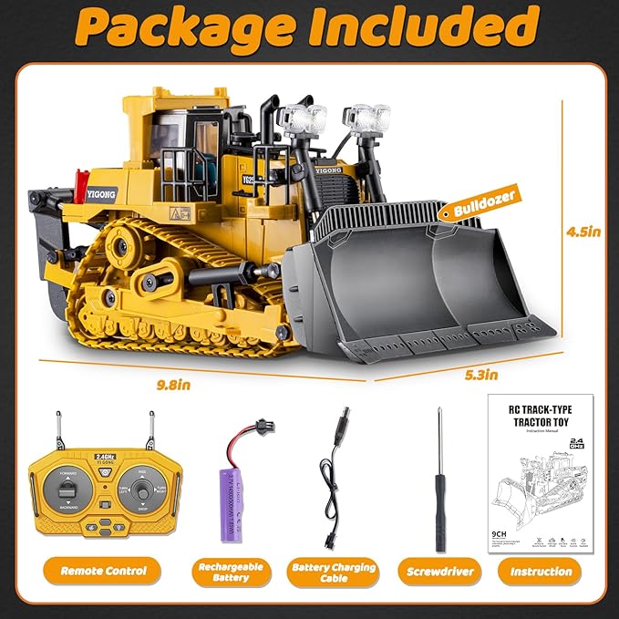 Rc Bulldozer Toys - Remote Control Bulldozer Construction Vehicles Trucks Toys for Boys Kids Age 7 8-12 - Metal Remote Control Electric Tractor Loader Toys with Light and Sound - Birthday Gift