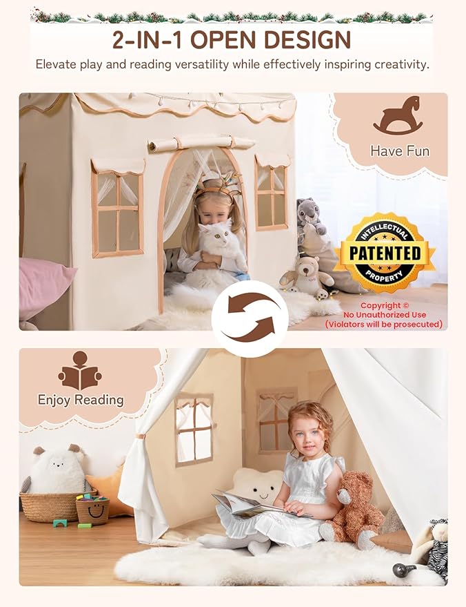 besrey Kids Tent, Kids Playhouse 2 in 1 with Padded Mat and Lights, Large Play Tent with 2 Doors & 4 Windows, Kids Play Tent Indoor & Outdoor, Christmas Toddler Tent for Kids, 51" x35" x 51"