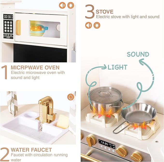 Large Wooden Corner Play Kitchen Sets with Ice Maker,Water Dispenser,Bread Maker,Washing Machine,Electronic Display,Toy Sink with Running Water,Stove with Light&Sounds, Birthday Gift for 3+Boys Girl