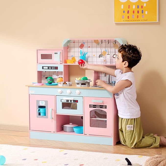 VEVOR Wooden Play Kitchen Toy, Play Kitchen for Kids with Lights and Sounds, Toddler Kitchen with Ice Maker, Oven, Sink, Microwaves, Fridge and Utensil and Fruit Accessory for Toddlers Ages 3-8, Pink
