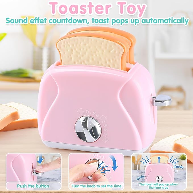 Play Kitchen Appliances Toys - Kids Kitchen Playset Accessories, Pretend Play Toy Sets with Coffee Maker, Mixer, Toaster with Realistic Lights & Sounds, Gifts for Toddler Girls Ages 2 3 4 5 6 7