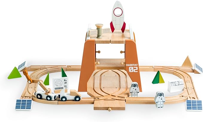 Wooden Space Train Set, Mars Station Wood Train Track Set 39pcs, Train Toy with Astronaut and Rocket for Kids 36m+