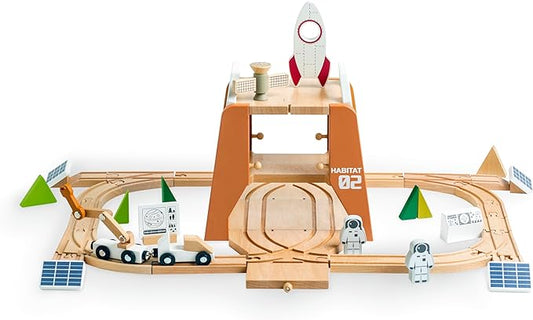 Wooden Space Train Set, Mars Station Wood Train Track Set 39pcs, Train Toy with Astronaut and Rocket for Kids 36m+