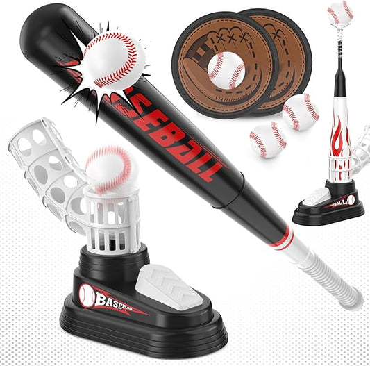 T Ball Set for Kids Toddlers 3-5, Toss and Catch Ball Game Outdoor Toys with Fixed Tee Ball Stand, Baseball Launcher, Softballs and Beginner Glove, Sport Toy Gift Idea for Boys and Girls
