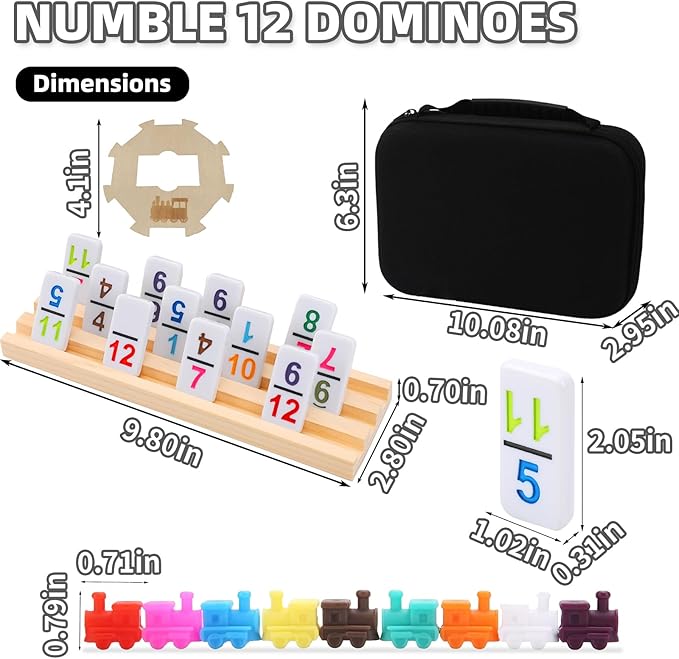 Double 12 Mexican Train Dominoes Set with 4 Wooden Racks & 91 Number Tiles Portable Travel Board Game for Kids and Adults Family Game Night