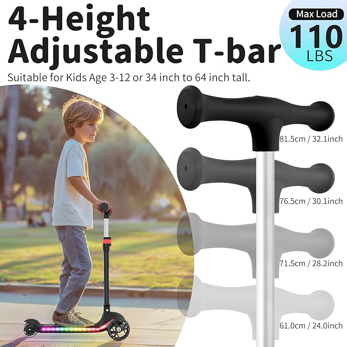 BELEEV A9 Kids Scooter with LED Light-Up Wheels & Deck, 3 Wheel Folding Scooter for Toddlers Girls Boys Ages 3-12, Adjustable Handlebar, Lean to Steer, Extra-Wide Wheels, Kick Scooter for Children