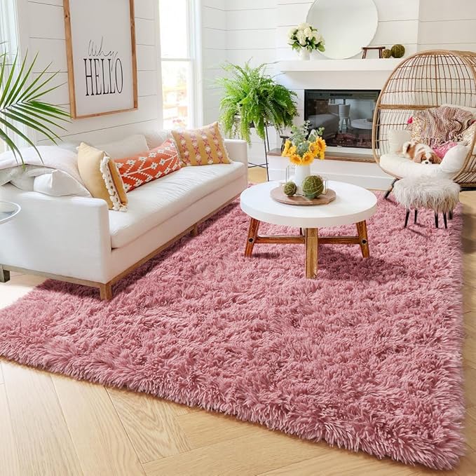 Amdrebio Blush Pink Area Rugs for Girls Bedroom, Fuzzy Furry Fluffy Kawaii Rugs for Kids Room Playroom, Shaggy Small Fur Plush Shag Carpet for Nursery Dorm Classroom, Cute Dusty Rose Mauve Rug 4x6