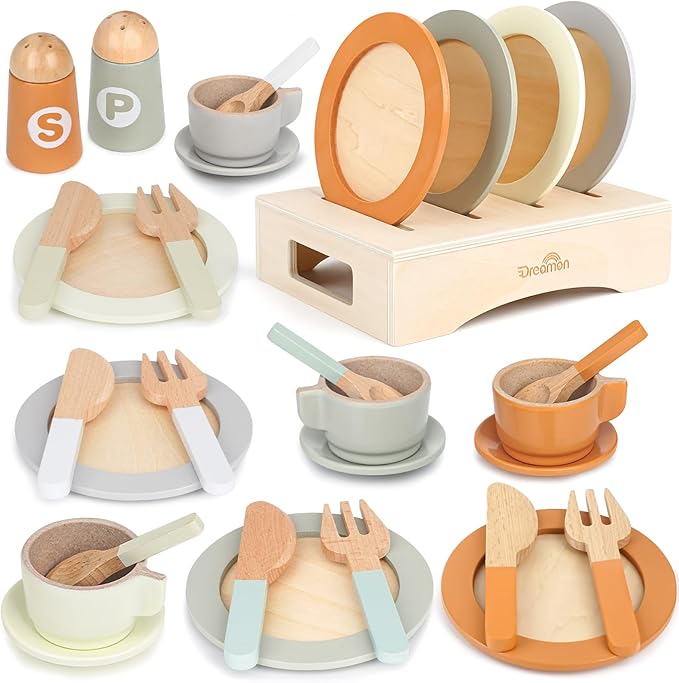 Wooden Play Dishes and Plates for Kids Kitchen Set, 27 PCS Wooden Play Kitchen Accessories, Kitchen Toy for Toddlers Boys Girls 3 4 5 6