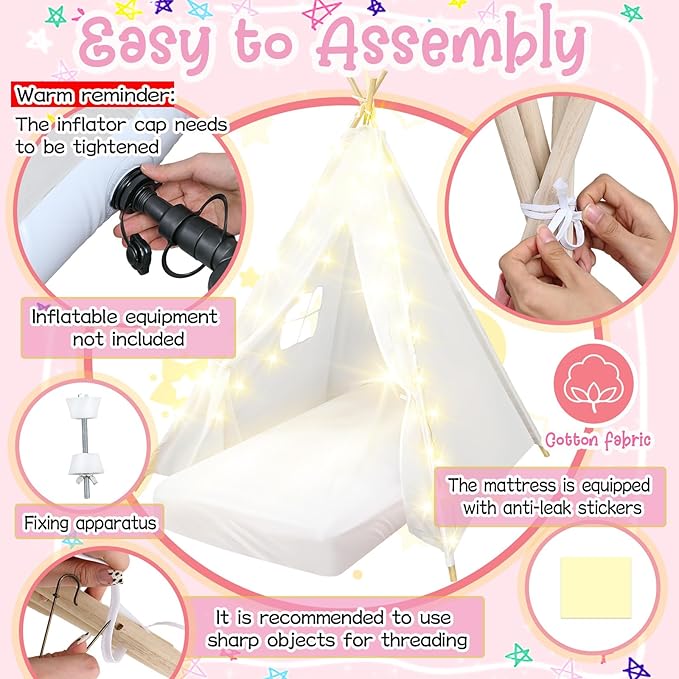 8 Pack Sleepover Tent for Girls Party,Teepee Tent for Kids Slumber Party Bulk with Light String,Air Mattress,Fitted Sheet,Washable Natural Cotton Toddler Teepee for Indoor Outdoor(White)