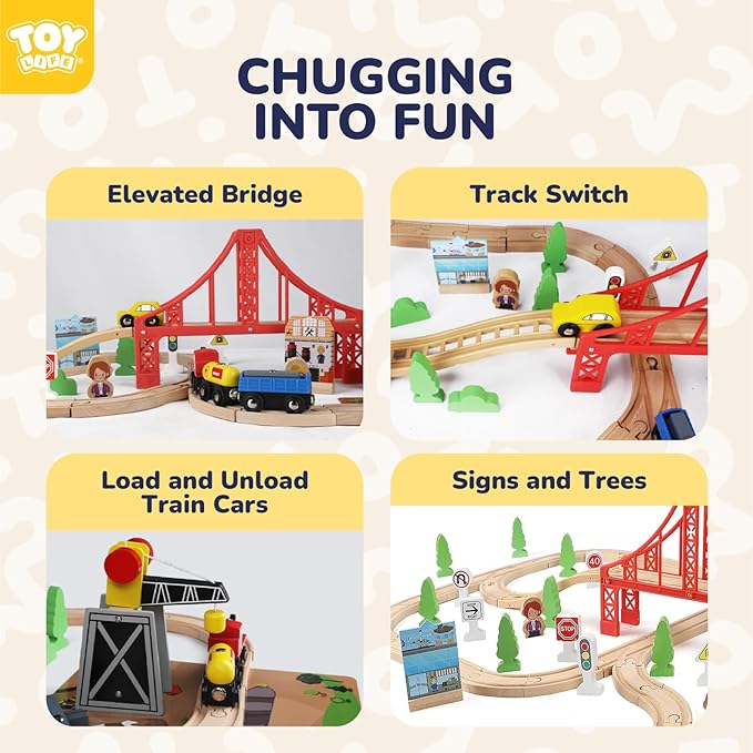 TOY Life Wooden Train Set 80pcs with Magnetic Crane, Wooden Train Tracks Toys for Toddlers Boys Girls 3 4 5, 3 Year Old Boy Gift, Wood Toys Toddler Train for Kids 4-8 - Fits Thomas Brio Chuggington