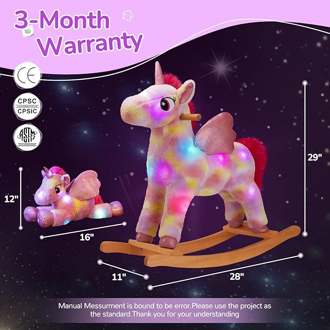Glow Guards Light up Musical Unicorn Rocking Horse Set of 2 with Stuffed Rainbow Unicorn Toys Ride On Unicorn with Wooden Chair Gifts for Toddler Children Age 3-6