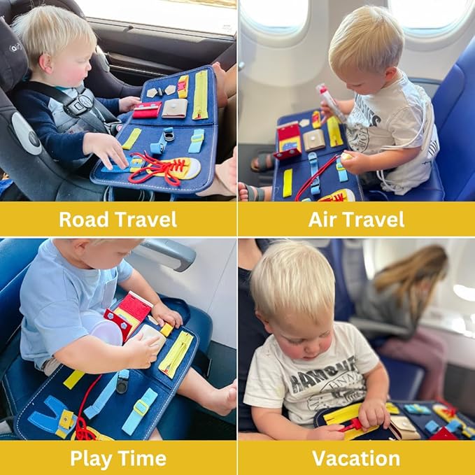 Busy Baby Board Travel Activity for Kids, Travel Kit for Toddlers, Kid Entertainment Kit, Easy On The Go Entertainment, Sensory Friendly, Soft & Portable
