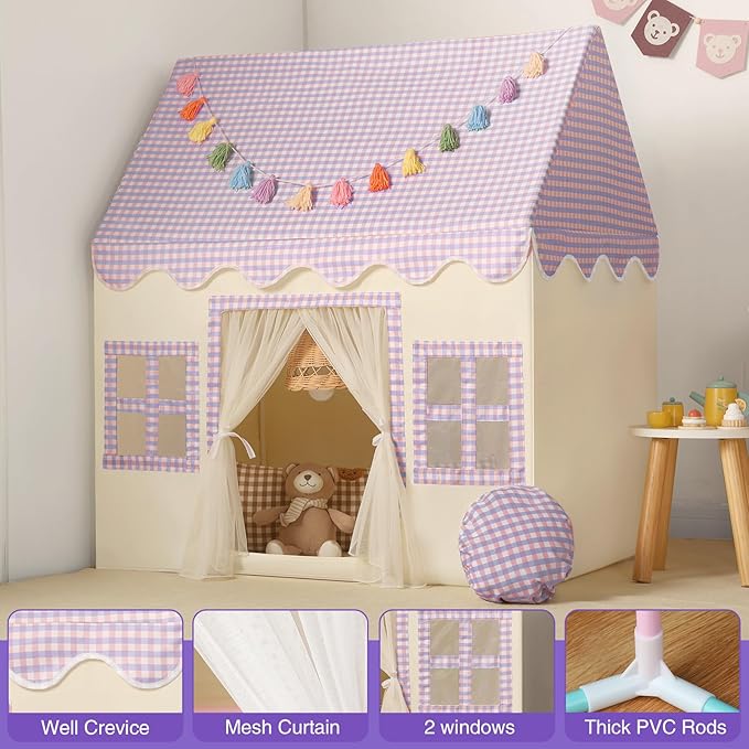 Kids Play Tent Indoor: Mat, Tassel Garland, Star Lights - Purple Checkered Girls Tent Playhouse for Toddlers Kids Toys for Boy Girl Birthday Gift