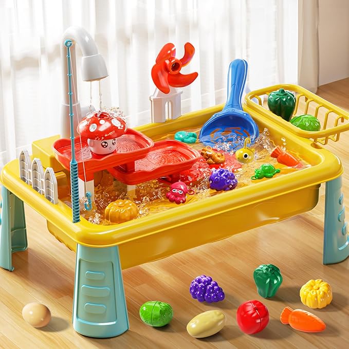 Water Table Toy for Kids 2 3 4 5 6 Years Old - Outdoor Kitchen Toys Set with Electrical Faucet, Toddler Fishing Games, Summer Beach Sensory Water Play Table, Gifts for Boy Girl 2+ 3-5(Yellow)