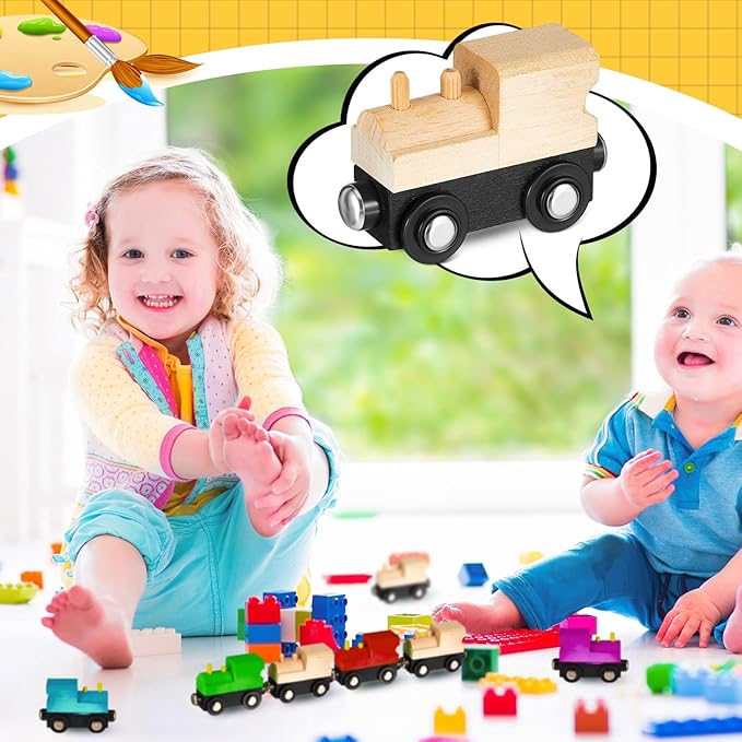 30 Pcs Unfinished DIY Wooden Trains Unpainted Train Cars Toys for Railway Paint Project, Birthday Party Theme Decorations Crafts Supplies(Classic)