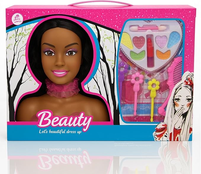 Liberty Imports African American Black Makeup and Hair Styling Doll Head Toy Playset with Real Washable Cosmetic and Fashion Dress Up Accessories for Girls Pretend Play