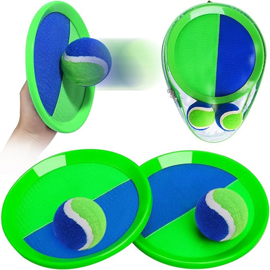 Toss and Catch Game Set - 2 Paddles, 2 Balls and 1 Storage Bag - Great Outdoor Toys/Gifts for Kids - Classic Beach and Yard Games (Blue and Green)