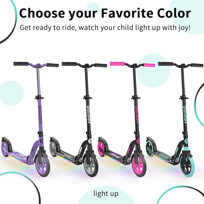 BELEEV V8 Scooters for Kids Ages 6+ with Light-Up Deck, 2 Wheel Folding Scooter for Adults Teens, 4 Adjustable Height, Lightweight Sport Commuter Scooter, Sturdy Frame, Max Load 220 lbs