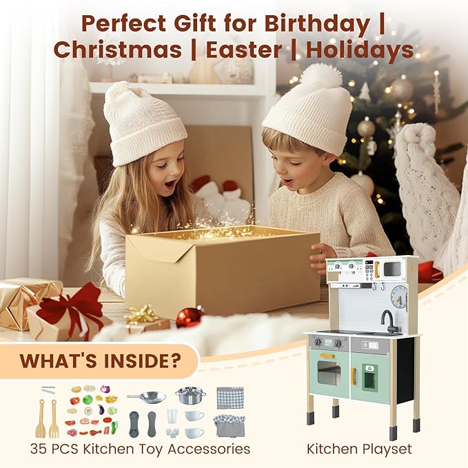 Play Kitchen Wooden Kids Kitchen Playset Pretending Toys for Toddlers with Real Lights & Sounds, 3 Heights Adjustable, Chalkboard, 35Pcs Toy Food & Cookware Accessories-Green