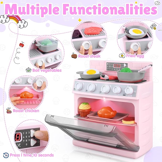 PLAY Toy Oven Kids Kitchen Playset, Kids Play Kitchen Set with 11 Accessories, Realistic Cooking Sounds & Lights, Pretend Play Oven Toddler Cooking Gift Set for Girls Boys Ages 3+