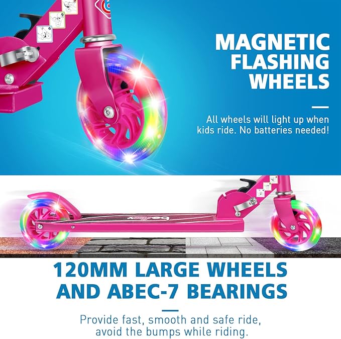BELEEV V1 Scooters for Kids, 2 Wheel Folding Kick Scooter for Girls Boys, 3 Adjustable Height, Light Up Wheels, Lightweight Scooter with Sturdy Frame, Kickstand for Children 3 to 12 Years Old