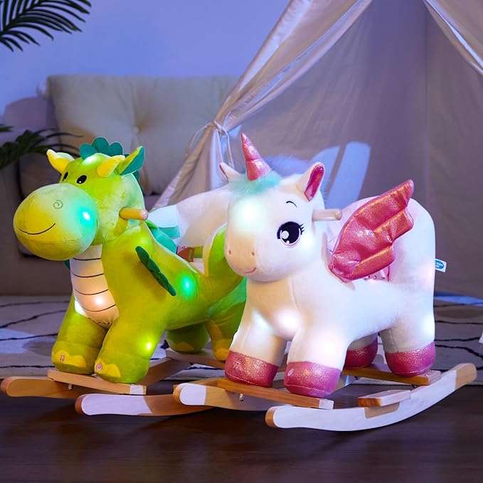 Glow Guards Light Up Musical Dinosaur Baby Rocking Horse Set of 2 with Safety Belt Dinosaur Rocker Baby Rocking Chair for Toddlers 1-3