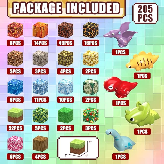 205Pcs Dinosaur Toys Magnetic Blocks Build 3D Dinosaur World Jurassic Scenes, 1" Magnetic Building Blocks Magnet Cubes Tiles for Toddler Boys Girls 3+, STEM Sensory Building Toys Games