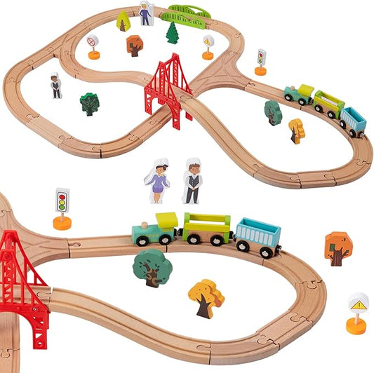 40 Pcs Wooden Train Set for Kids Ages 4-8, Wood Train Track with Magnetic Toy Train Accessories for Toddlers 3-5 Year Old Boy & Girl, Railway Set Road Sign Fit Major Brand Christmas Toy