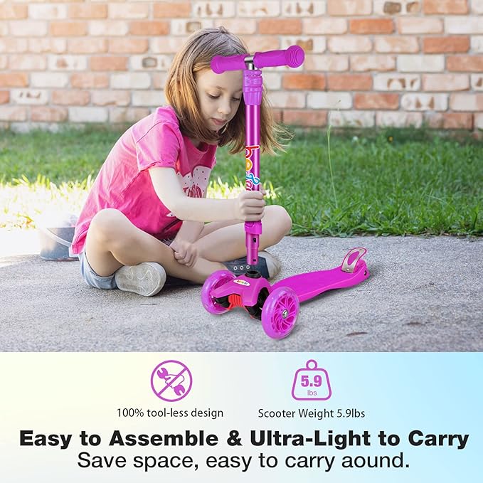 BELEEV A2 Scooters for Kids 3 Wheel Kick Scooter for Toddlers Girls Boys, 4 Adjustable Height, Lean to Steer, Light up Wheels, Extra-Wide Board, Easy to Assemble for Children Gift Sport Toys Ages 3-12
