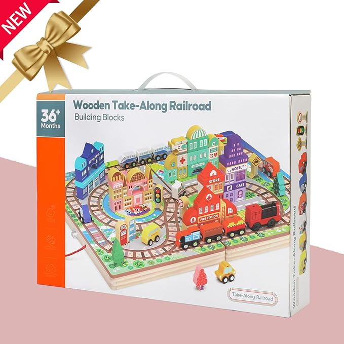 Large Wooden Building Blocks Set, Electric Train City Construction Stacking Blocks Preschool Learning Educational Toys,Wooden Take-Along Tabletop Railroad Play Set for Toddlers