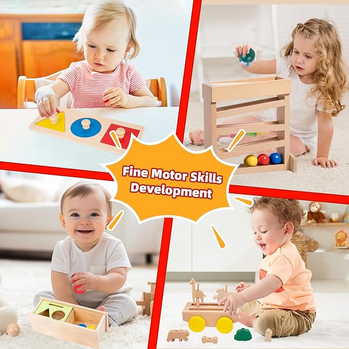 Adena Montessori Play Kit for 11-12 Months Baby,7 in 1 Learning Educational Toys for Toddler,Include Multi-Shapes Puzzle,Ball Tracker,Wooden Shapes Drop and More,Christmas Birthday Gift for Boys Girl