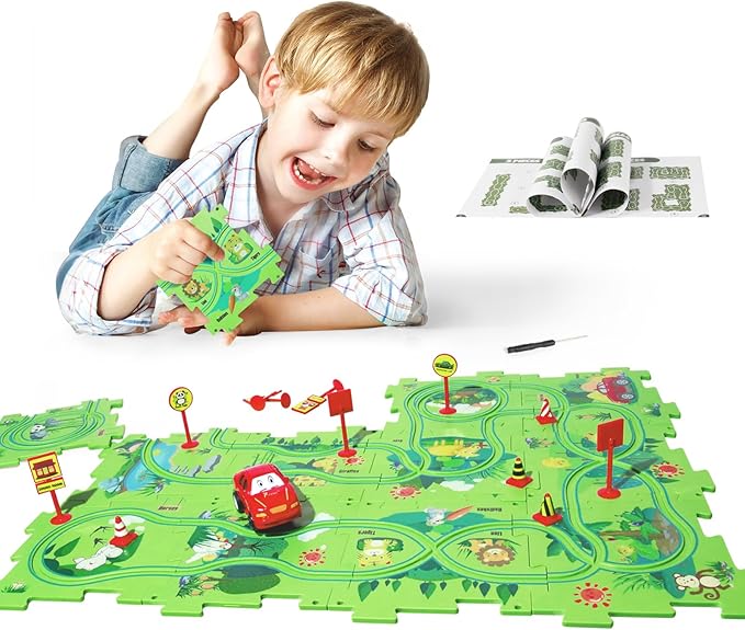 Puzzle Racer Kids Car Track Set, Plastic Puzzles for Kids Ages 3-5 with A Cute Vehicle, Toddler Puzzle Track Play Set Gift, Race Tracks for Toddler 3-5, Toys for 3 4 5 6 Year Old Boys Girls