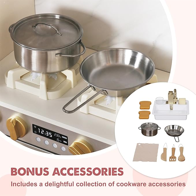 Large Wooden Corner Play Kitchen Sets with Ice Maker,Water Dispenser,Bread Maker,Washing Machine,Electronic Display,Toy Sink with Running Water,Stove with Light&Sounds, Birthday Gift for 3+Boys Girl