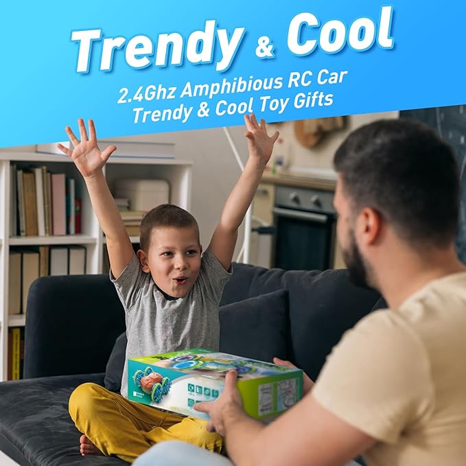 Amphibious RC Car Boat for Boys 5-7, 2.4GHz Remote Control Car with LED Lights, 4WD All Terrain Off-Road Stunt RC Boat, Gesture Sensing Waterproof Pool Beach Toy, for Kids 8-13