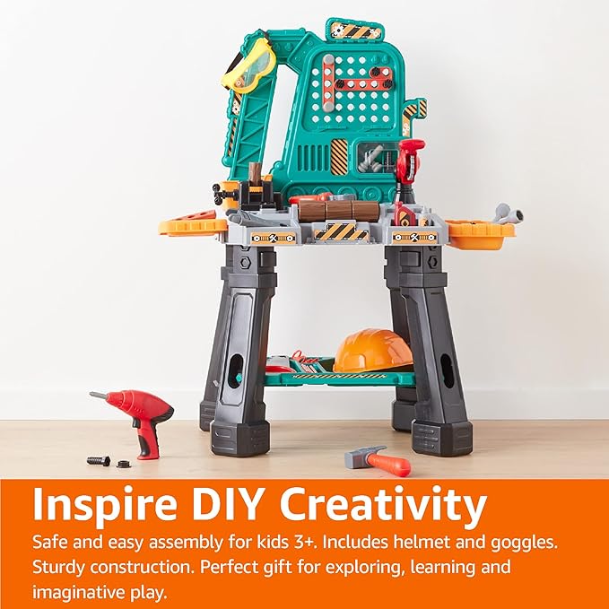 Amazon Basics Kids Workbench Construction Toy Tool Set Playset with 80 Pieces Including Tools, Accessories, Play Helmet & Play Safety Goggles, for Kids Ages 3 and Up, Multicolor, Medium