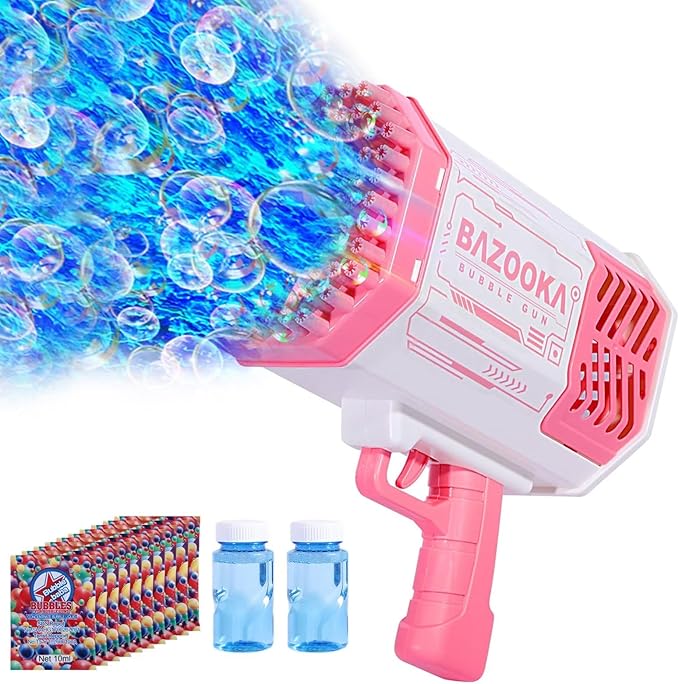 Bubble Machine Gun, 69 Holes Bubble Gun with Lights, Pink Outdoor Summer Beach Kids Bubbles Toys Birthday Wedding Party Fun Gifts for Girls Boys