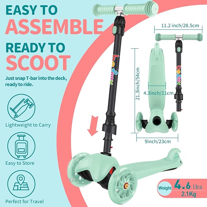 BELEEV A1 Scooter for Kids Ages 2-6, 3 Wheel Kick Scooter for Toddlers Girls Boys, Light up Wheels, Adjustable Height, Lean to Steer, Non-Slip Deck, Lightweight Push Scooter for Children